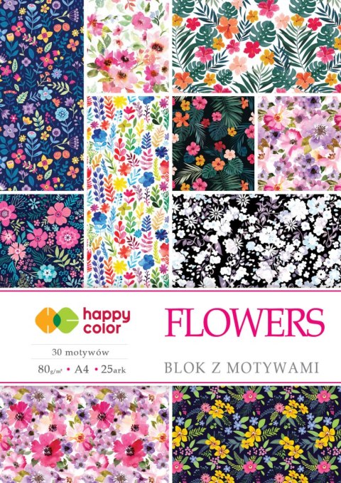 Blok z motywami FLOWERS, 80g/m2, A4, 15 ark, 25 motyw, Happy Color HA 3808 2030-F Happy Color