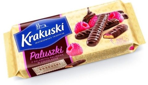 Ciastka BAHLSEN KRAKUSKI paluszki z galaretką malinową w czekoladzie 144g Krakuski Ciastka BAHLSEN KRAKUSKI paluszki z galaretką malinową w czekoladzie 144g Krakuski