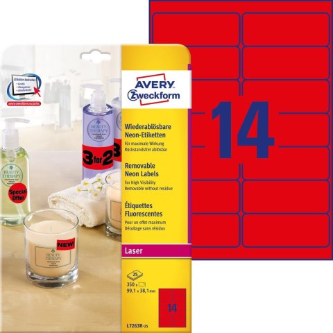 Etykiety czerwone neonowe usuwalne 99,1x38,1 mm (25 ark.), Avery Zweckform L7263R-25 Avery Zweckform Etykiety czerwone neonowe usuwalne 99,1x38,1 mm (25 ark.), Avery Zweckform L7263R-25 Avery Zweckform