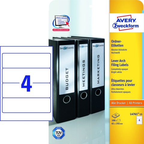 Recyklingowane etykiety na segregatory, A4, 10 ark./op.,61 x 192 mm, białe, AVERY ZWECKFORM, LR4761-10 Avery Zweckform Recyklingowane etykiety na segregatory, A4, 10 ark./op.,61 x 192 mm, białe, AVERY ZWECKFORM, LR4761-10 Avery Zweckform