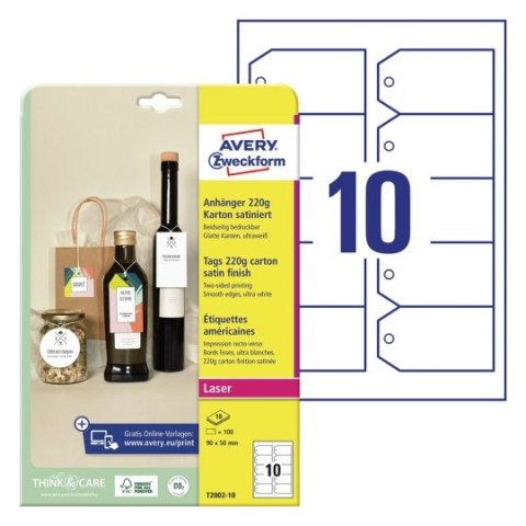 Zawieszki kartonowe Avery Zweckform, 220g, Quick&Clean, 90 x 50 mm, ścięte rogi, 10 ark. T2002-10 Avery Zweckform Zawieszki kartonowe Avery Zweckform, 220g, Quick&Clean, 90 x 50 mm, ścięte rogi, 10 ark. T2002-10 Avery Zweckform