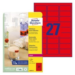 Etykiety neonowe, A4, 25 ark./op., 63,5 x 29,6 mm, czerwone neonowe, AVERY ZWECKFORM, L6003-25 Avery Zweckform