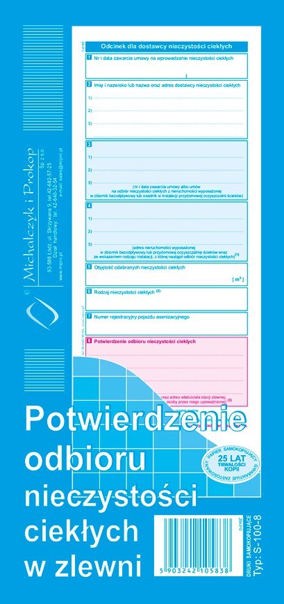 S-100-8 Potwierdzenie odbioru nieczystości ciekłych w zlewni MICHALCZYK I PROKOP Michalczyk i Prokop
