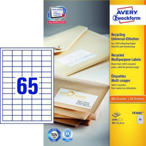 Trwałe recyklingowane etykiety uniwersalne, A4, 100 ark./op., 38 x 21,2 mm, białe, AVERY ZWECKFORM, LR3666 Avery Zweckform