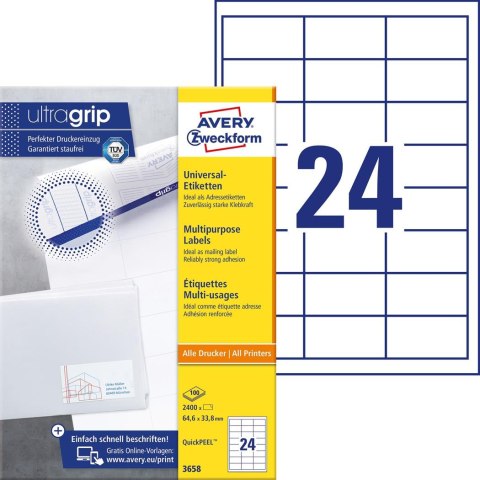 Etykiety uniwersalne 3658 64,6 x 33,8 100 ark trwałe, Avery Zweckform Avery Zweckform Etykiety uniwersalne 3658 64,6 x 33,8 100 ark trwałe, Avery Zweckform Avery Zweckform