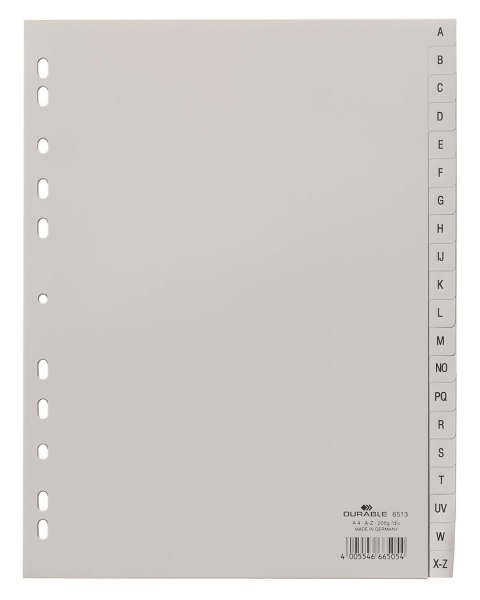 Przekładki PP A4 szare, nadruk indeks, A-Z 20 części Szary 651310 DURABLE Durable