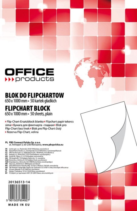 Blok do flipchartów , gładki, 65x100cm, 50 kart., biały, typu OFFICE PRODUCTS 20136513-14 Office Product