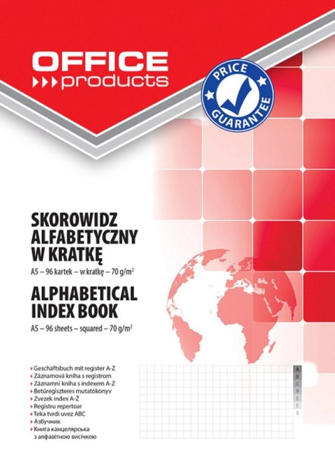 Skorowidz , A5, w kratkę, alfabetyczny, twarda okładka, 96 kart., 70gsm, typu OFFICE PRODUCTS 16061231-99 Office Product