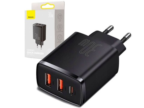 Ładowarka sieciowa/ścienna BASEUS Compact Quick Charger, 2xUSB, USB-C, PD, 3A, 30W (CCXJ-E01) czarna BASADA47332 Baseus Ładowarka sieciowa/ścienna BASEUS Compact Quick Charger, 2xUSB, USB-C, PD, 3A, 30W (CCXJ-E01) czarna BASADA47332 Baseus