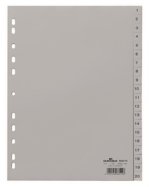 Przekładki PP A4 szare, nadr. indeks, 1-20, 2 0 części Szary 652210 DURABLE Durable