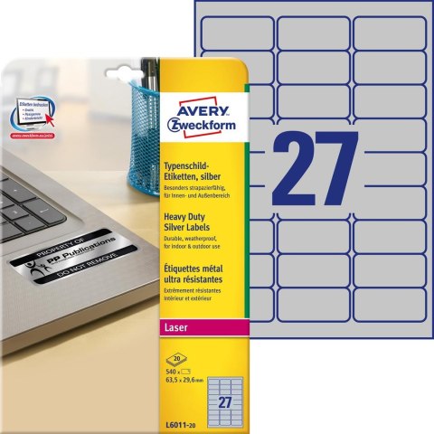 Etykiety znamionowe L6011-20 63,5 x 29,6 20 ark. poliestrowe, srebrne, Avery Zweckform Avery Zweckform Etykiety znamionowe L6011-20 63,5 x 29,6 20 ark. poliestrowe, srebrne, Avery Zweckform Avery Zweckform