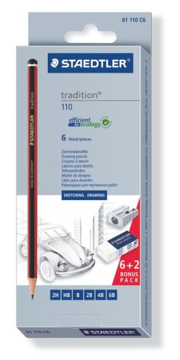 Zestaw ołówków tradition, 6 szt. (2H, HB, B, 2B, 4B, 6B), + gumka + temperówka, Staedtler S 61 110 C6 Staedtler